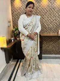 Digital Print Saree With Parsi Embroidery - Material: Polyester