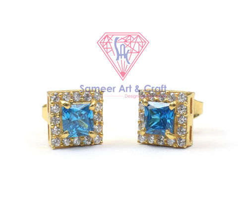 925 Sterling Silver Blue Topaz With CZ Gemstone Gold Plated Handmade Stud Earring