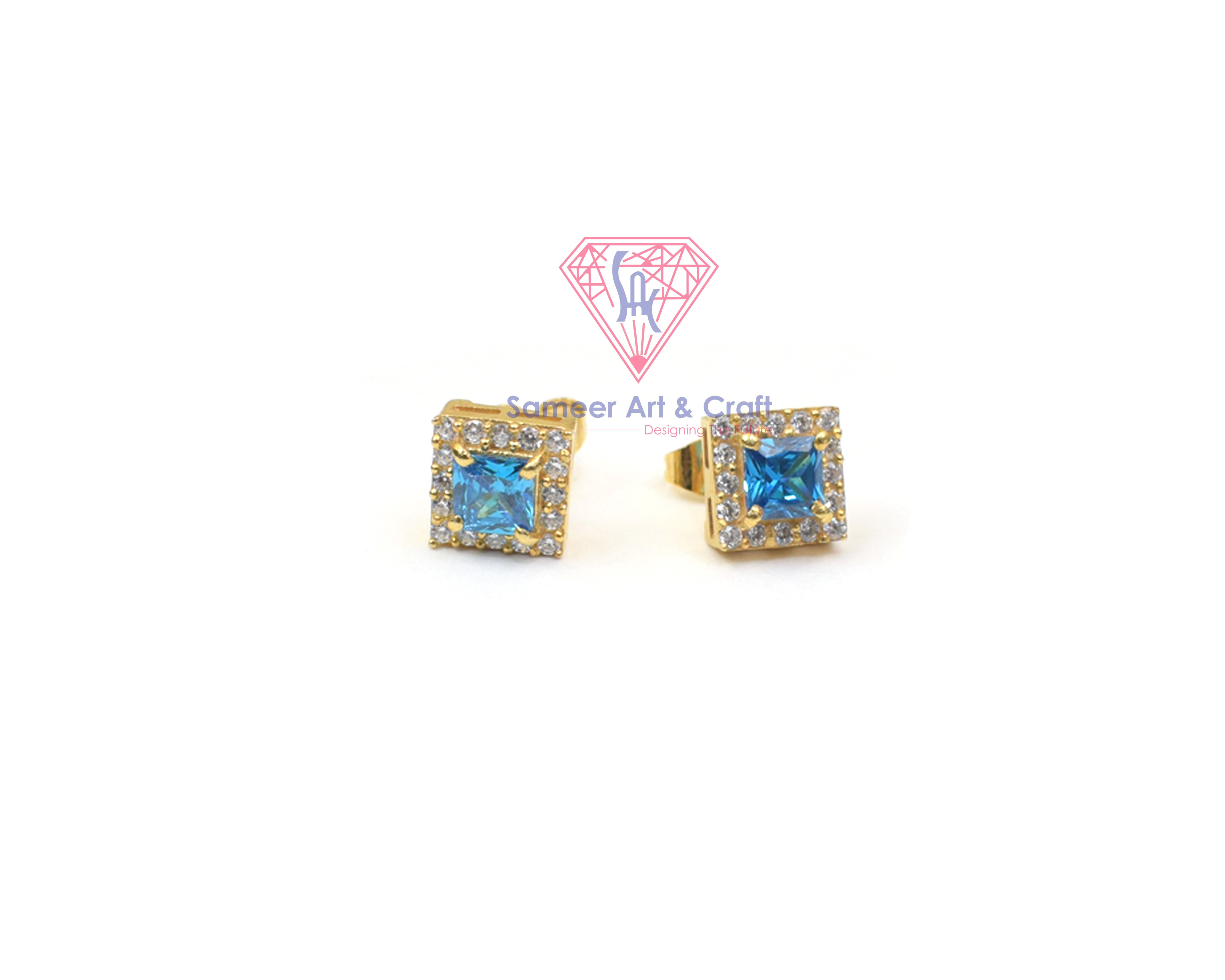 925 Sterling Silver Blue Topaz With CZ Gemstone Gold Plated Handmade Stud Earring