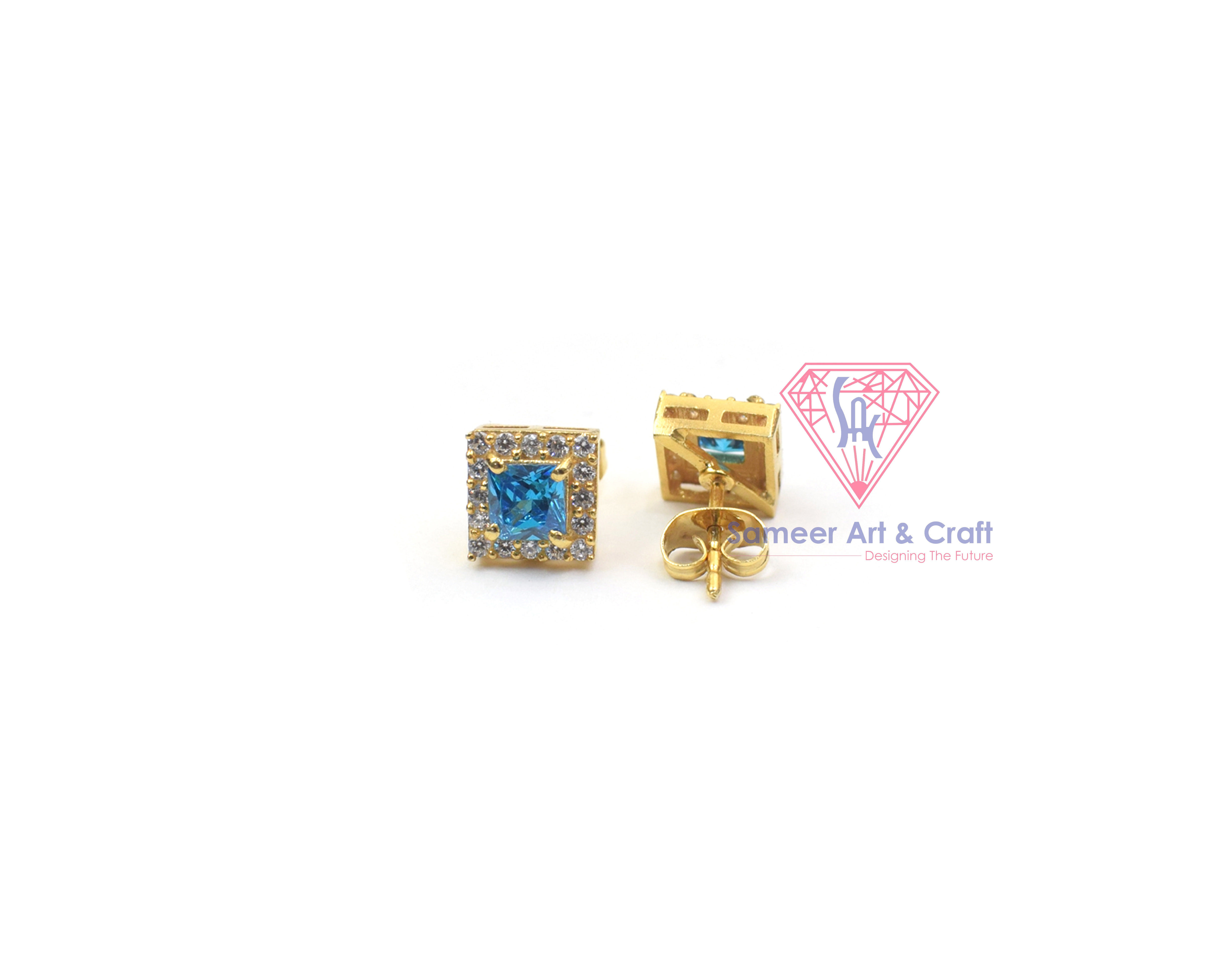 925 Sterling Silver Blue Topaz With CZ Gemstone Gold Plated Handmade Stud Earring