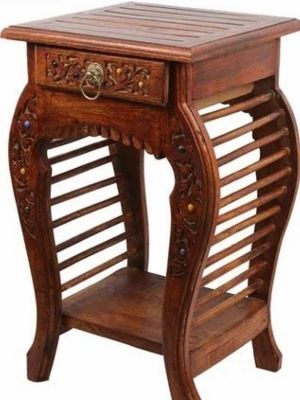 Wooden Stool Natural Wood Antique Look Side Table With Drawer For Living Room - Artwork: Handmade