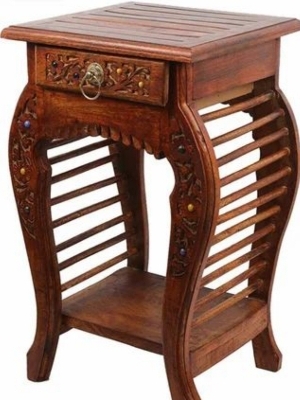 Wooden Stool Natural Wood Antique Look Side Table with Drawer for Living Room