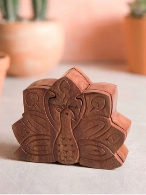 WOODEN SHEESHAM  PEACOCK PUZZLE BOX