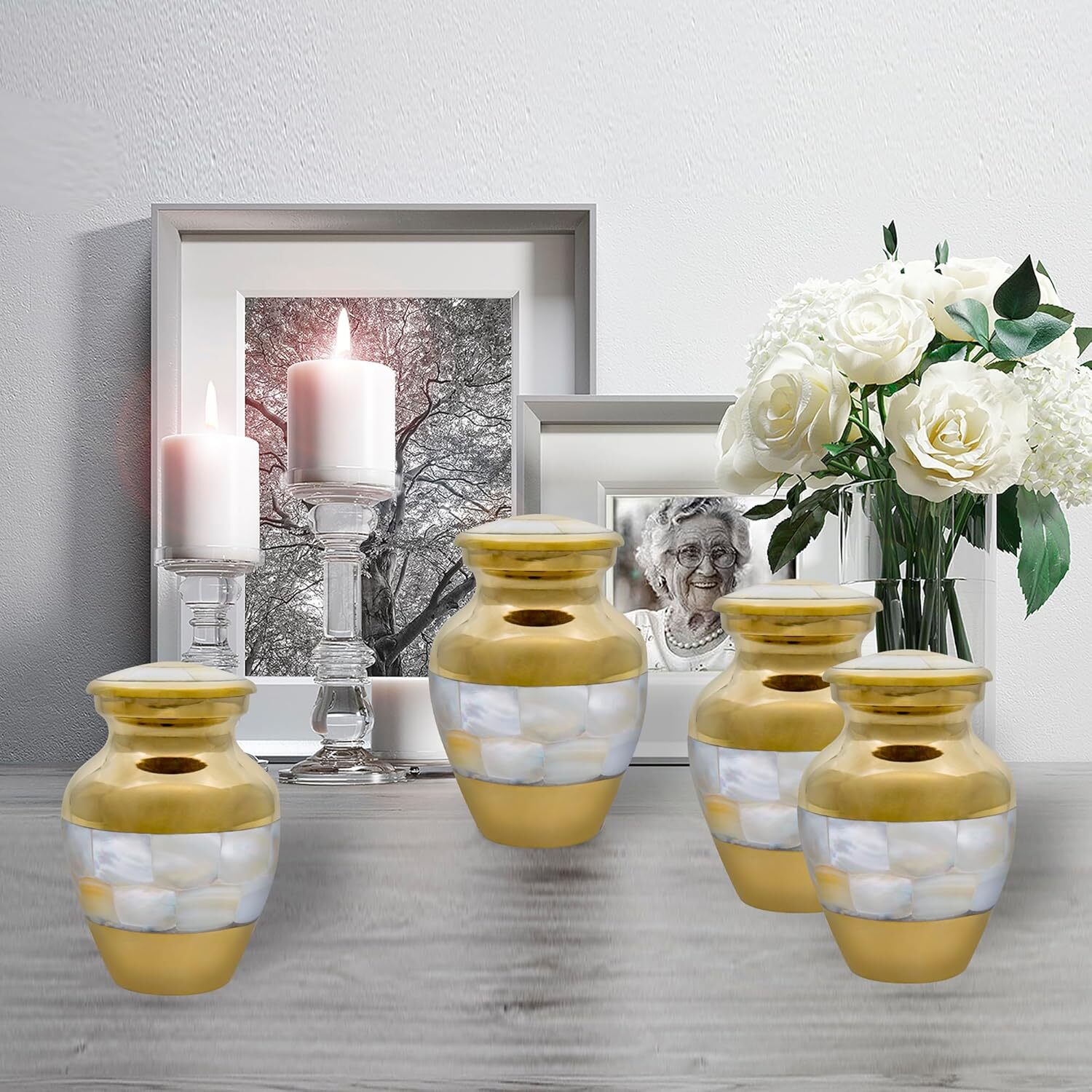 Mother of Pearl Brass Keepsake Cremation Urn for Ashes - Golden Polished Mini Urns with Black Box Wholesale Urns Supplies
