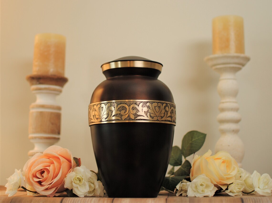 Handcrafted Engraved Brass Cremation Urn for Human Ashes Brown & Golden Funeral Adult Urns Large Size Urns Supplies