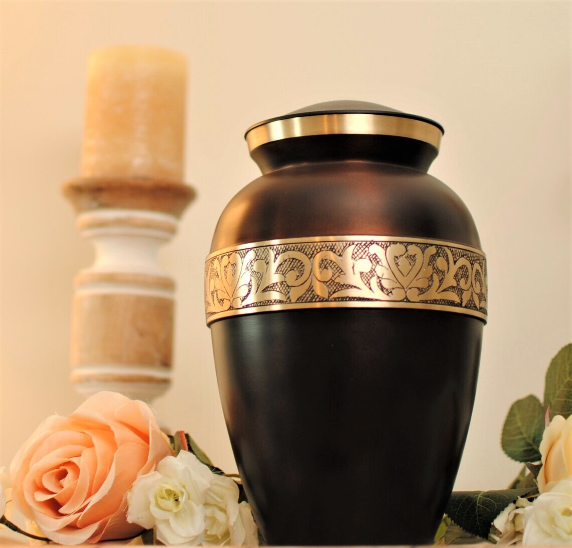 Handcrafted Engraved Brass Cremation Urn for Human Ashes Brown & Golden Funeral Adult Urns Large Size Urns Supplies