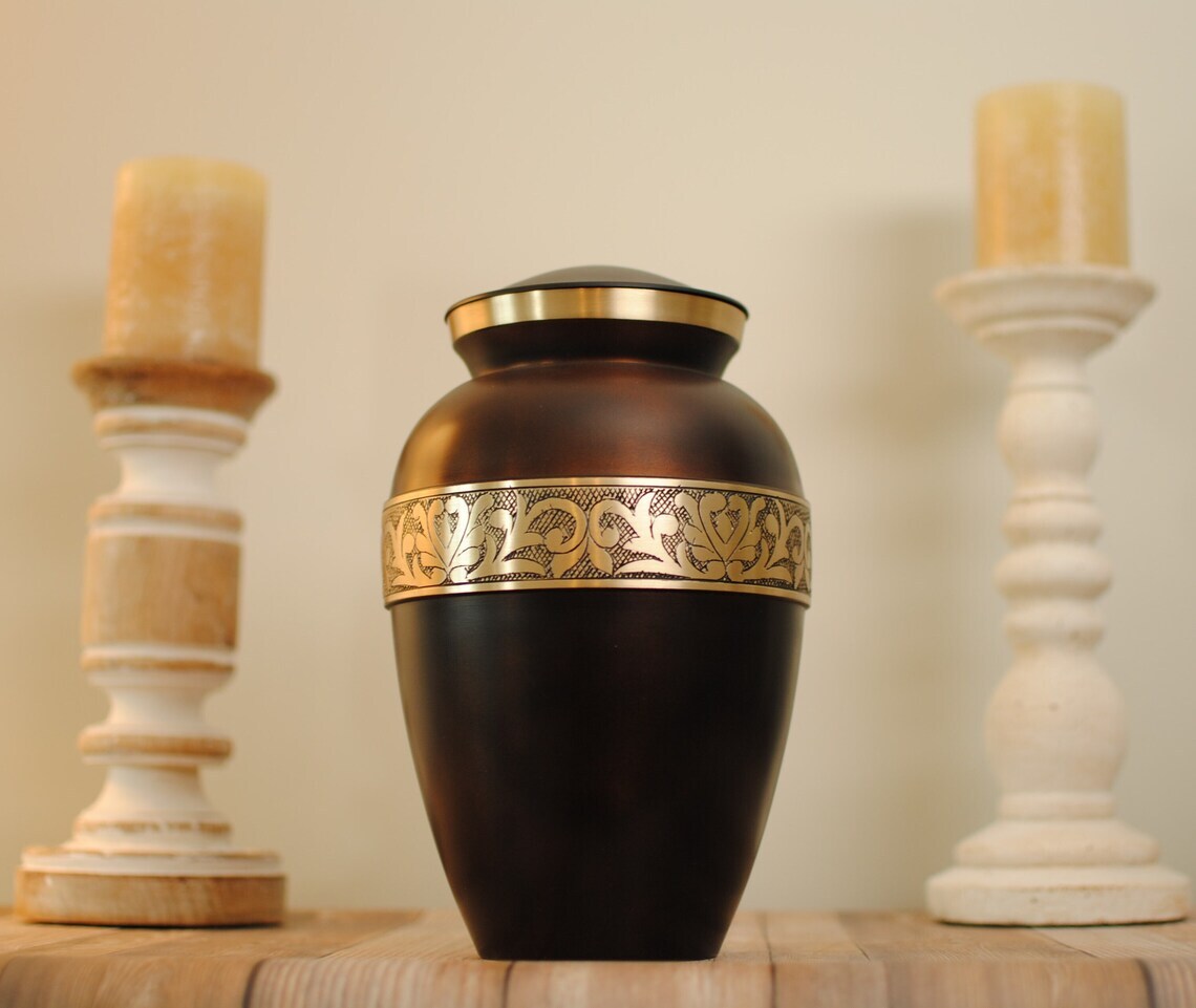 Handcrafted Engraved Brass Cremation Urn for Human Ashes Brown & Golden Funeral Adult Urns Large Size Urns Supplies