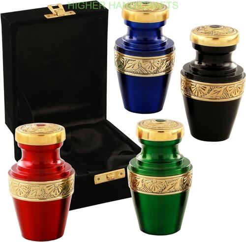 Multi-Color Brass Keepsake Cremation Urn for Ashes Set of 4 , Grecian Brass Mini Urns with Box Funeral Urns