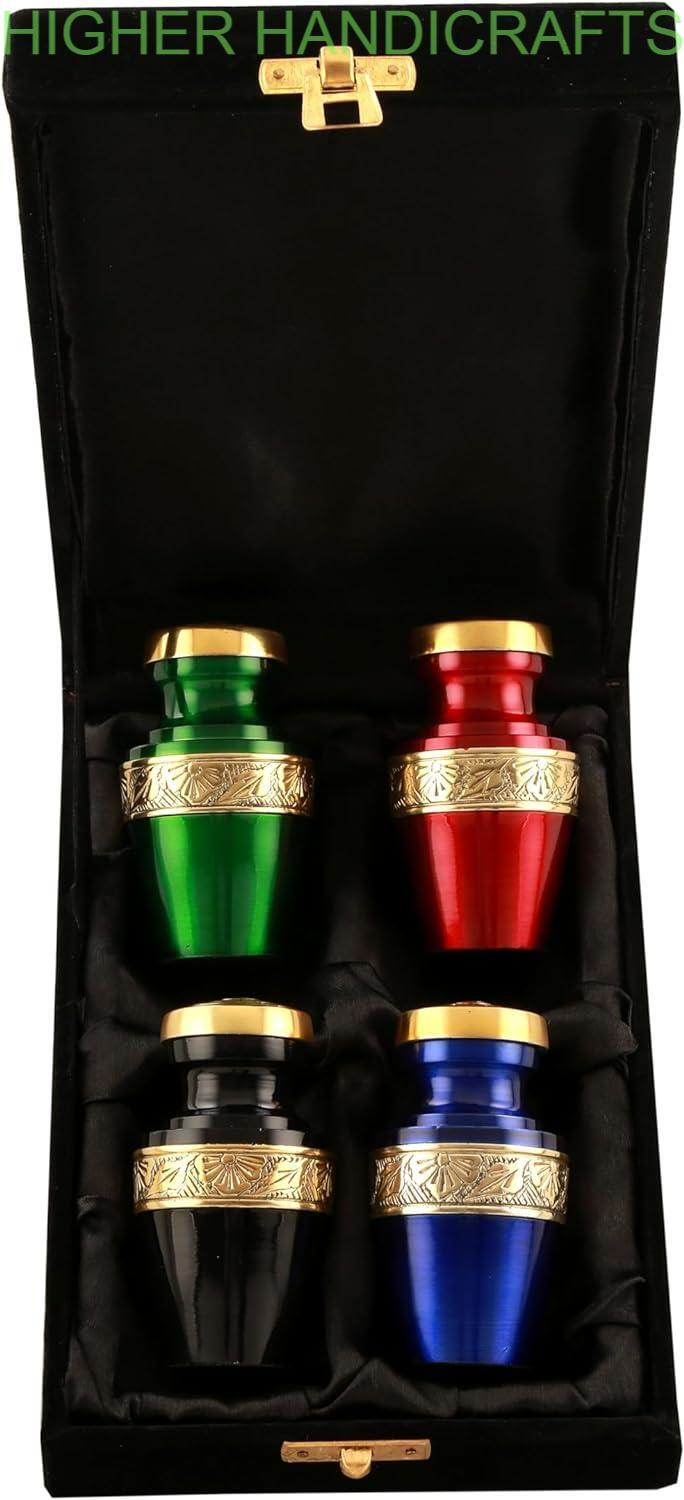 Multi-Color Brass Keepsake Cremation Urn for Ashes Set of 4 , Grecian Brass Mini Urns with Box Funeral Urns