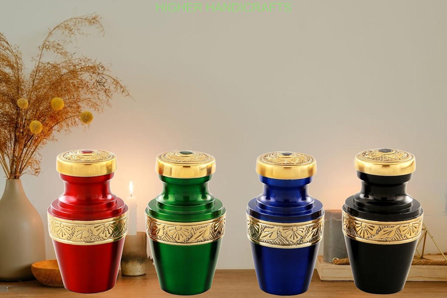 Multi-Color Brass Keepsake Cremation Urn for Ashes Set of 4 , Grecian Brass Mini Urns with Box Funeral Urns