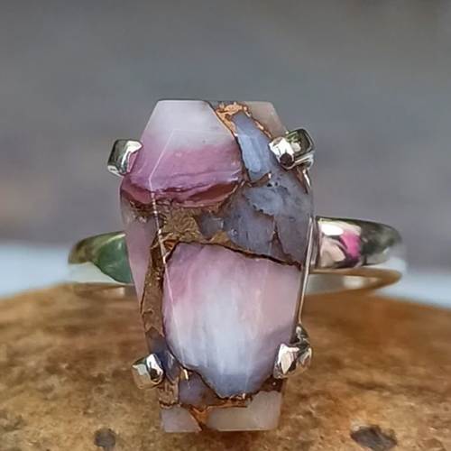 Natural Pink Opal Copper Turquoise Coffin Ring