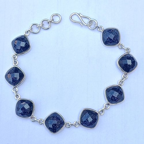Natural Blue Sunstone Gemstone 925 Sterling Silver Bracelet