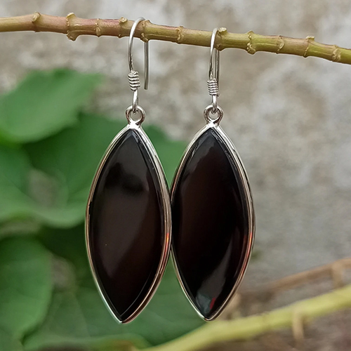 Natural Black Onyx Stone 925 Sterling Silver Earrings