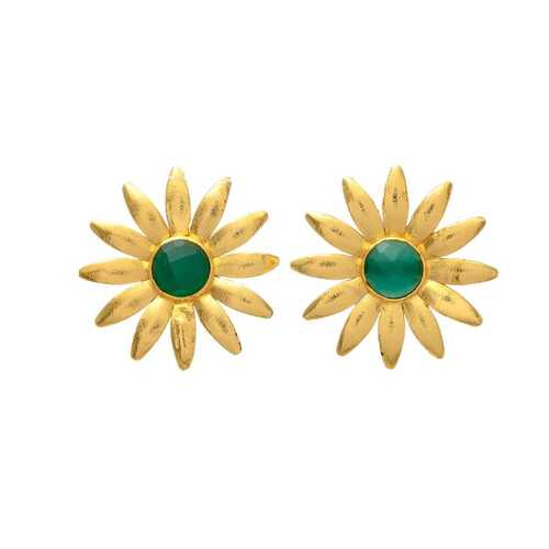 Golden Sunflower Green Onyx Stud Earrings