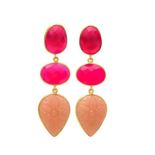 New arrival long fuchsia chaceldony gemstone stud earrings