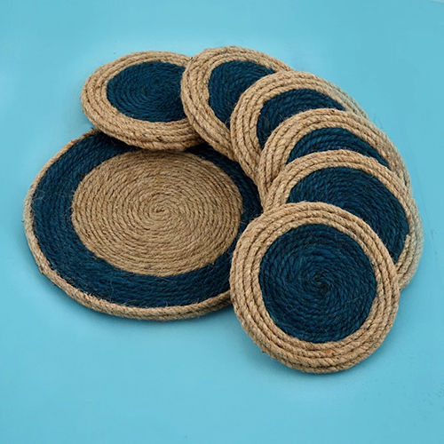 Round Dark Blue Brown Jute Coaster Set - Color: Different Available