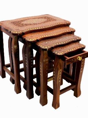 Wooden Stool Set of 4 Handcrafted in Seasoned Sheesham Wood with Brass Work