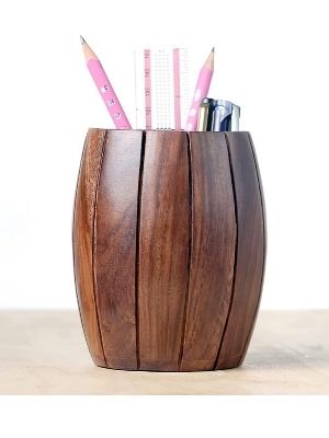 Wooden Round Barrel Shaped Pen Stand Pencil Holder For Office Table Decoration - Color: Brown