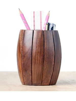 Wooden Round Barrel Shaped Pen Stand Pencil Holder for Office Table Decoration