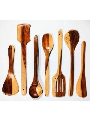 Natural Sheesham Wood Spoon Set Of 7 Wooden For Nonstick Cookware Kitchen Ladles & Turning Spatula - Color: Brown