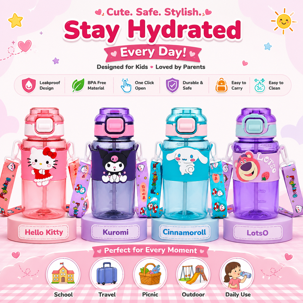 Cherrybox Cartoon Design Sipper Water Bottle - Plastic, 500ml Capacity, Multicolor | Lock Cap For Kids