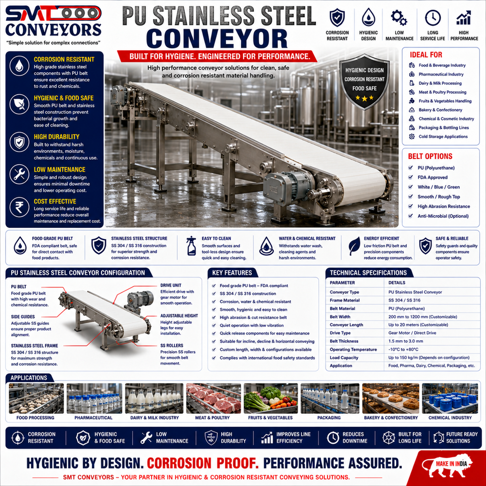 Pu Stainless Steel Conveyor - Length: 60-100 Foot (ft)