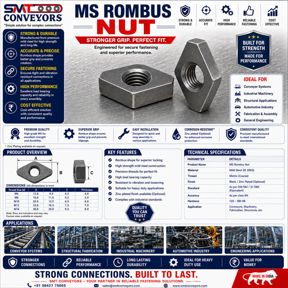 MS Rombus Nut - Mild Steel M2 Size Silver Color | Durable Manual Operation with Polished Surface Finish for Industrial Usage