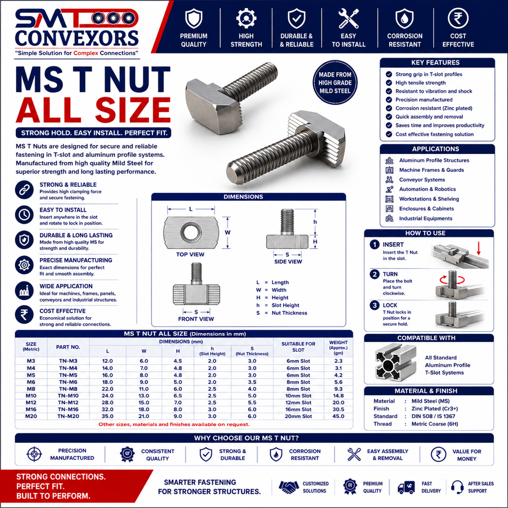 Metal T Nuts - Mild Steel 5 Mm Size, Silver Color | Durable Powder-coated Finish For Industrial Use