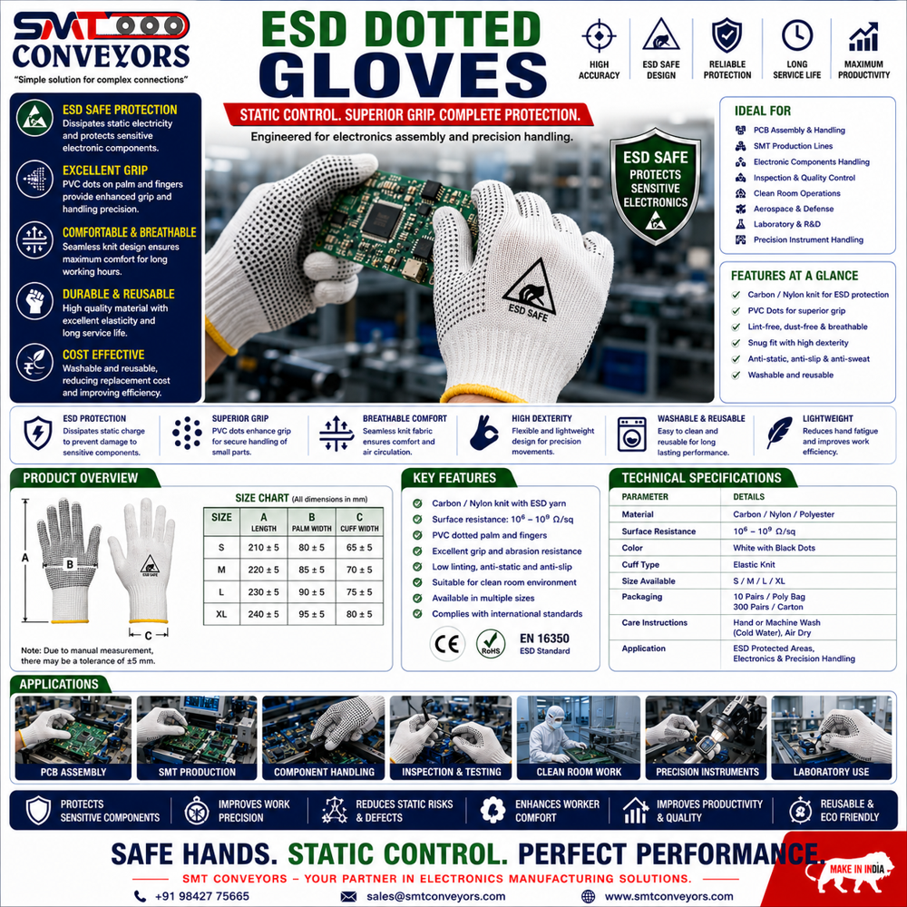 ESD Dotted Gloves - High-Quality Rubber, Medium Size, White Color | Excellent Grip for Surgical Instruments, ESD Protection, Warranty Included