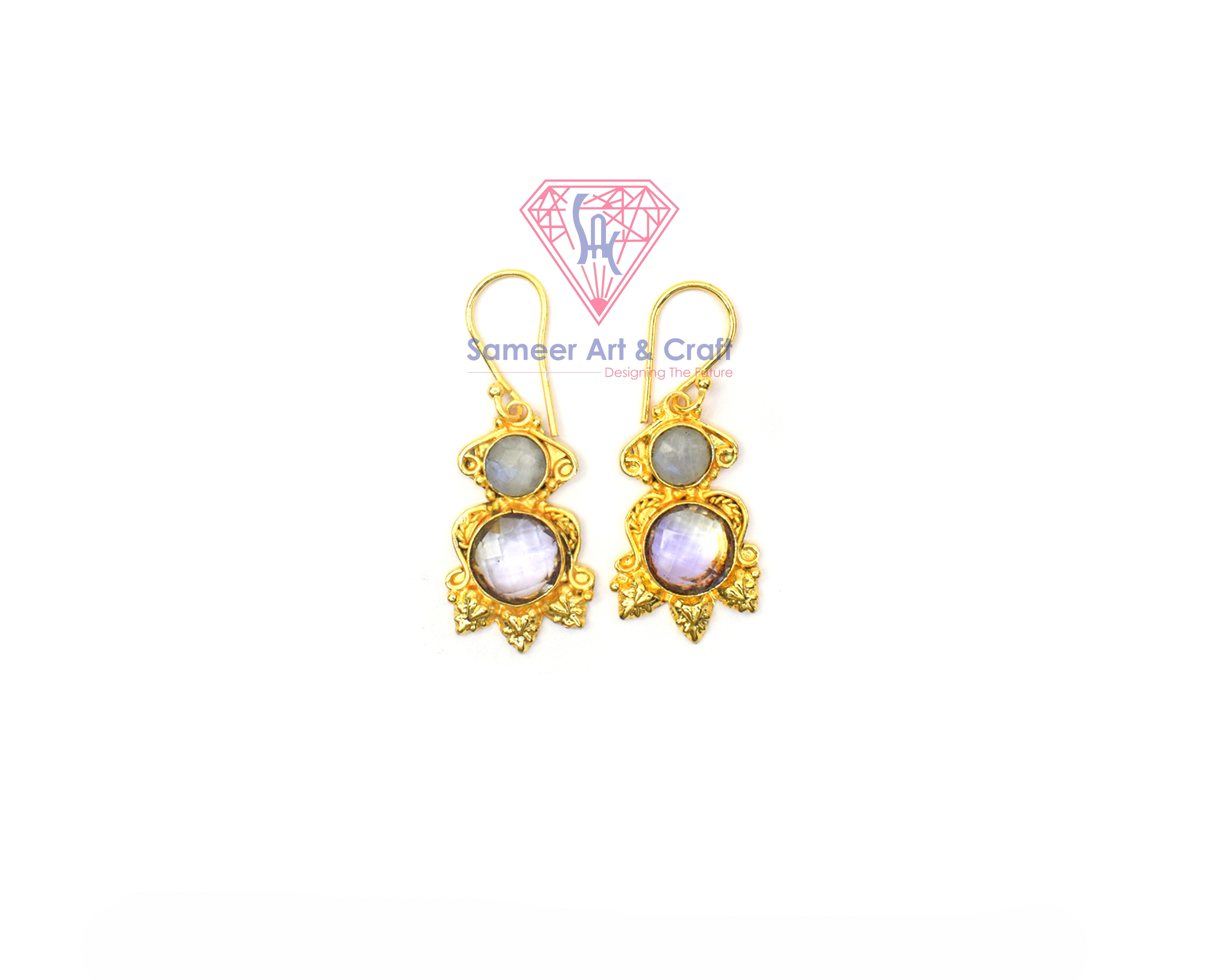 Semi Precious Gemstone With Gold Plated Handmade Hoop Earrings