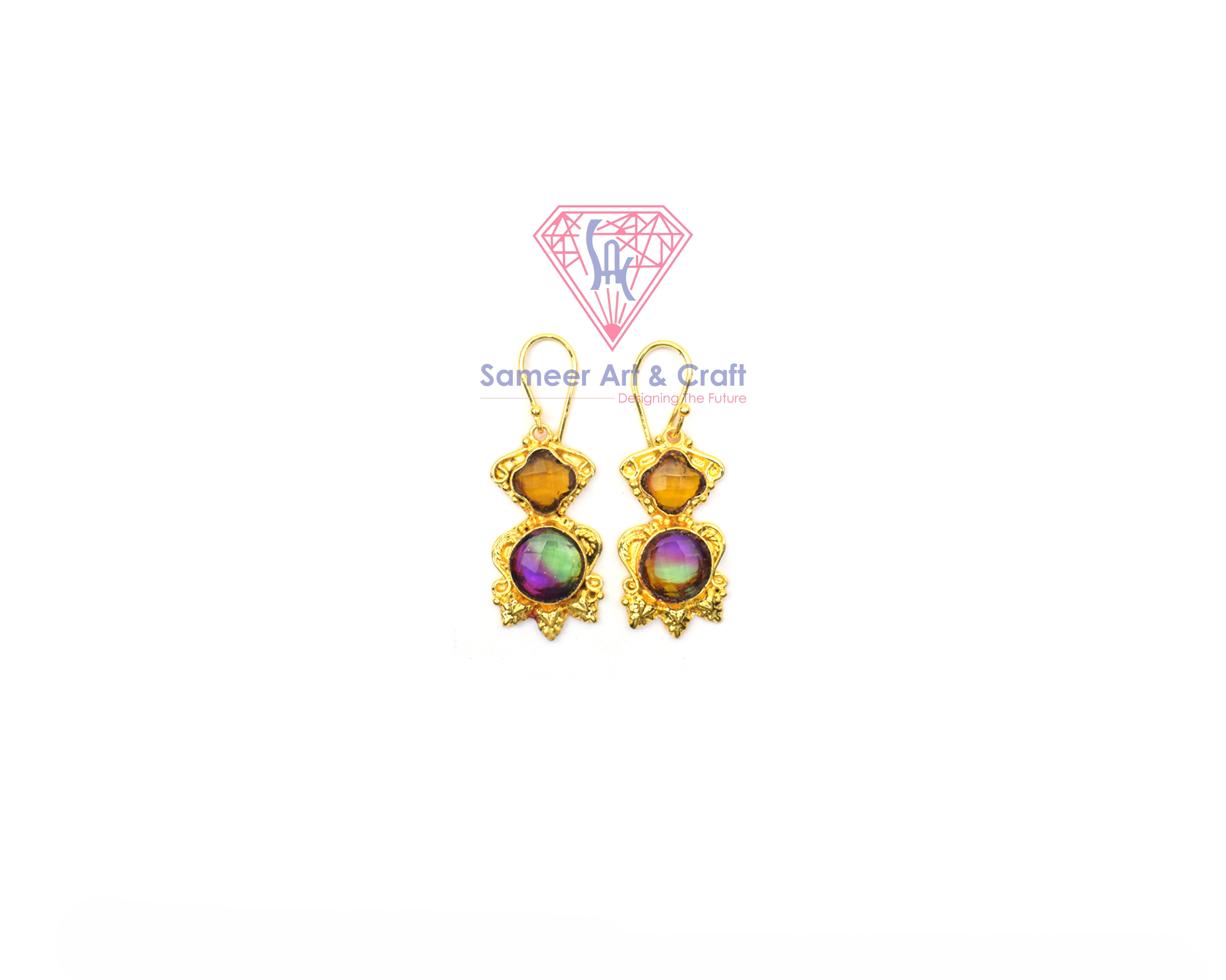 Semi Precious Gemstone With Gold Plated Handmade Hoop Earrings