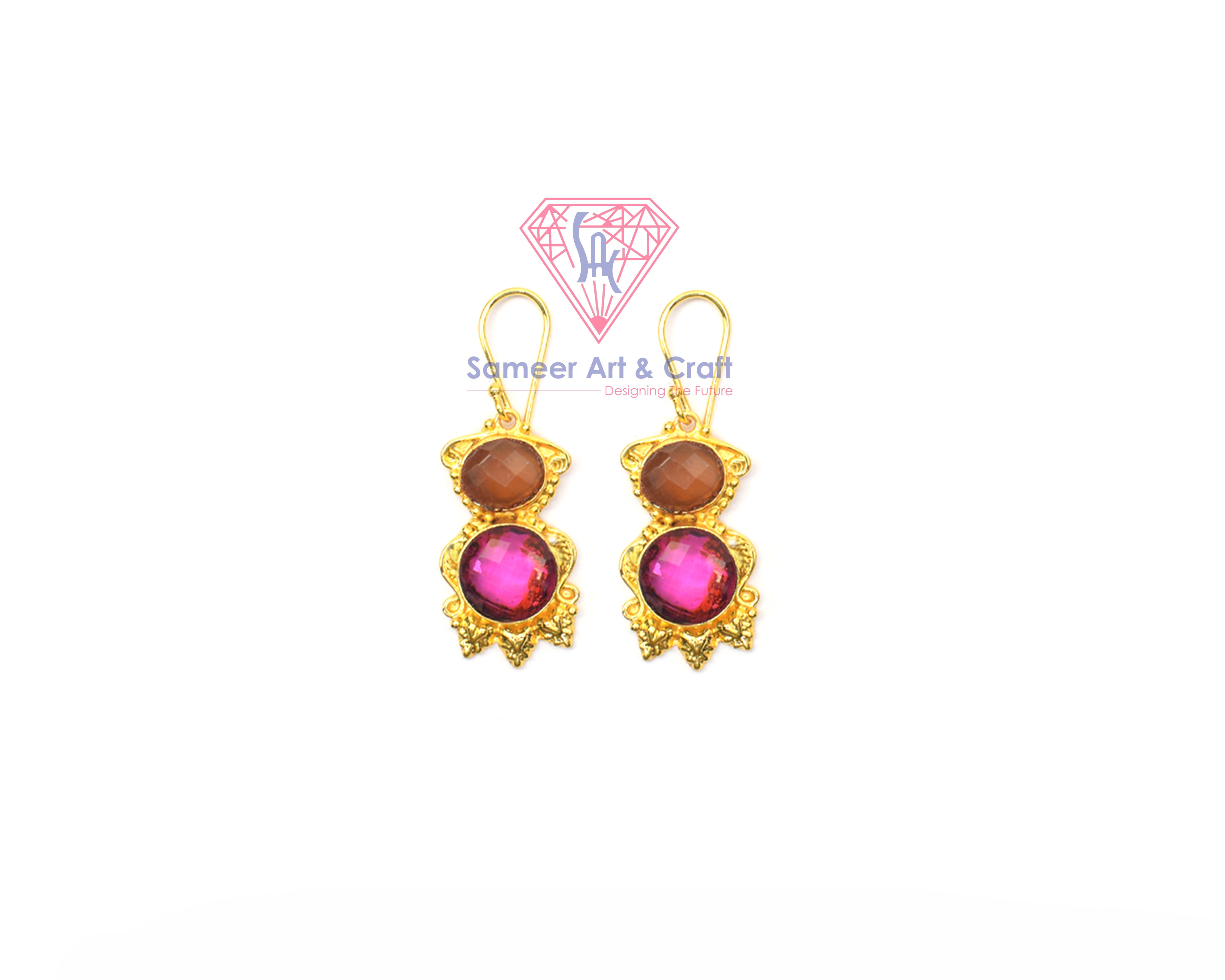 Semi Precious Gemstone With Gold Plated Handmade Hoop Earrings