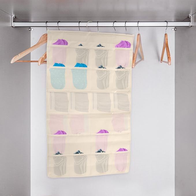 Mitsico Fabric Brass Finish Double Sided 30 Pockets Clear Hanging Bag Socks Bra Underwear Rack Hanger