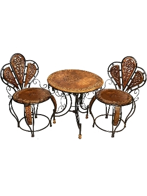 Wood Iron Patio Dining Table Set Of 3 With Foldable Coffee Table Set - Artwork: Handmade