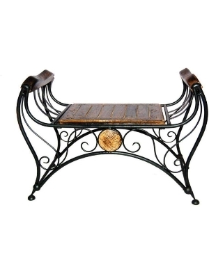 Handicrafts Wooden & Wrought Iron Patio Bench for Living Room/Lounge