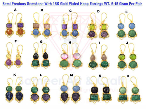 Handmade 18K Gold Plated Semi Precious Gemstone Fashion Hoop Earrings