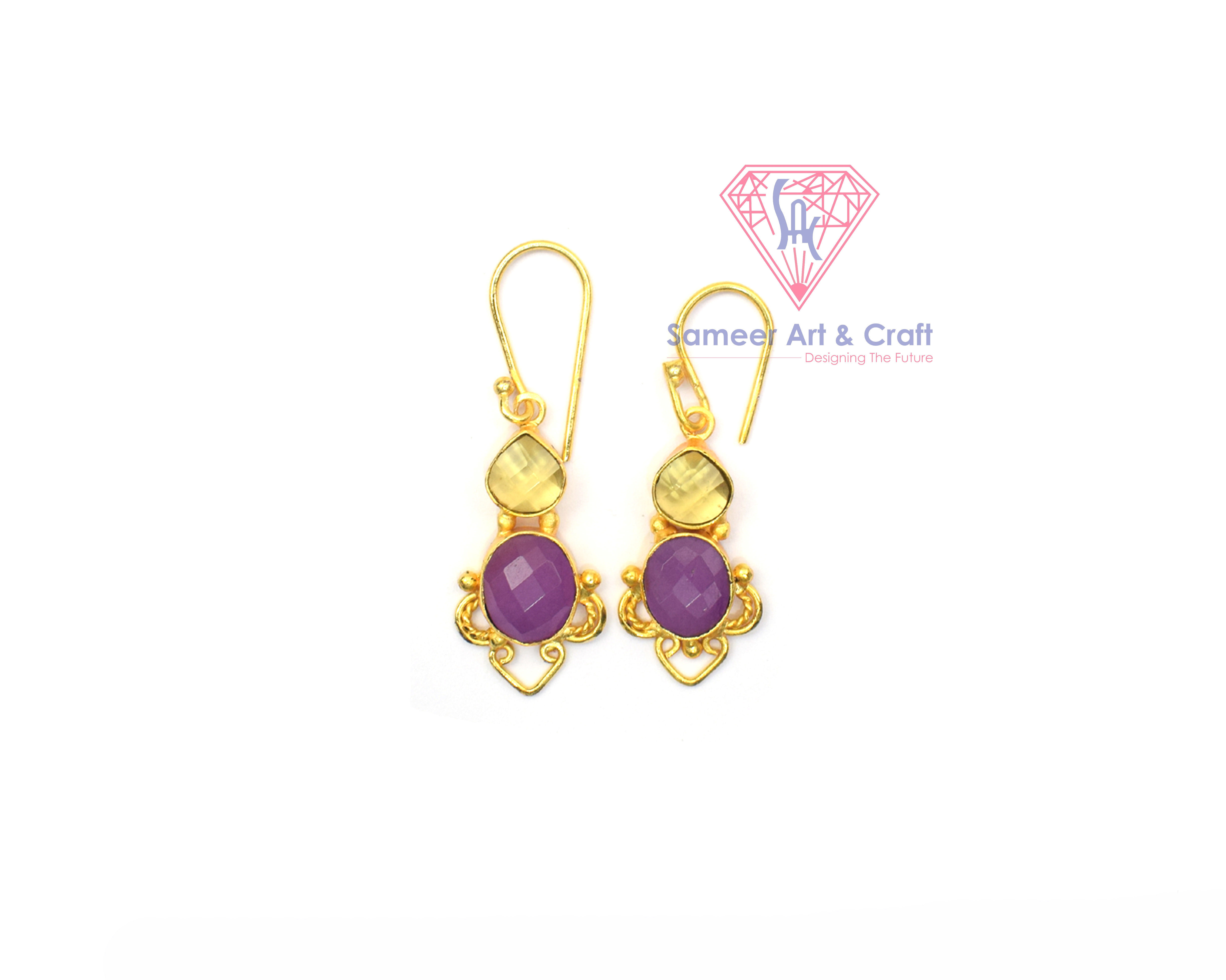 Handmade 18K Gold Plated Semi Precious Gemstone Fashion Hoop Earrings