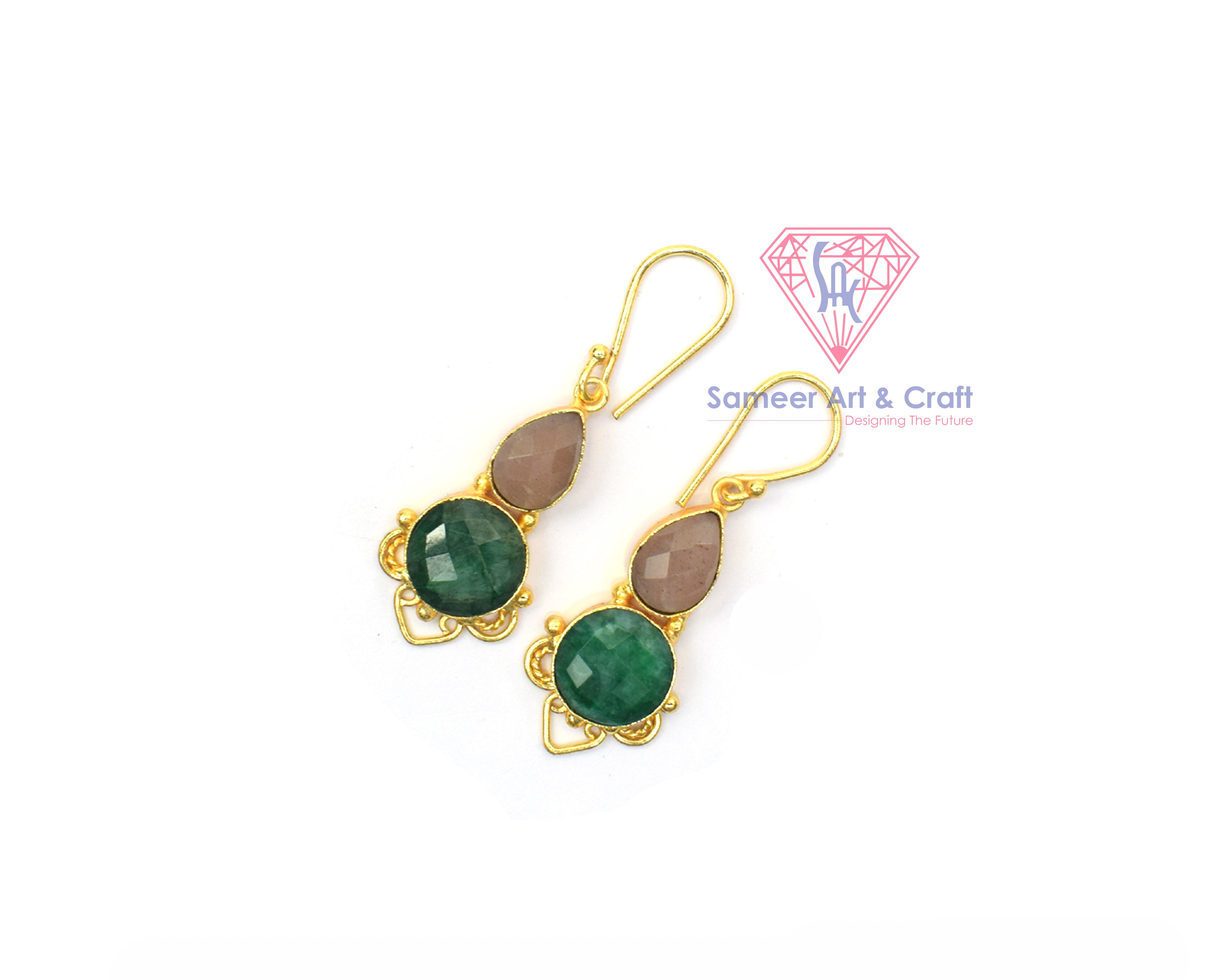 Handmade 18K Gold Plated Semi Precious Gemstone Fashion Hoop Earrings