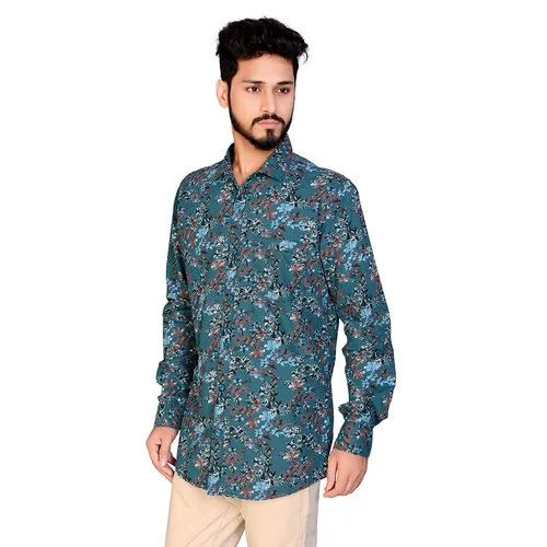 Mens Blue Printed Shirt - Feature: Washable