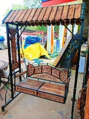 Handicrafts Standard Size Wooden & Wrought Iron Foldable Garden Swing,Jhula, Cradle