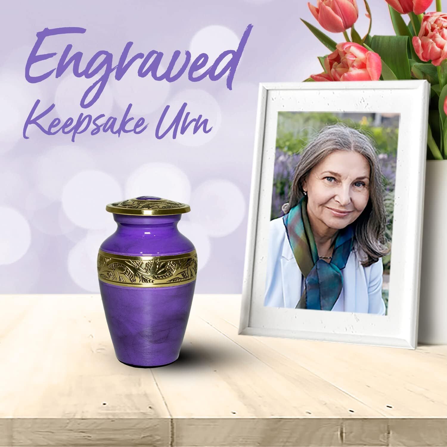 Blue Engraved Brass Keepsake Cremation Urn for Ashes