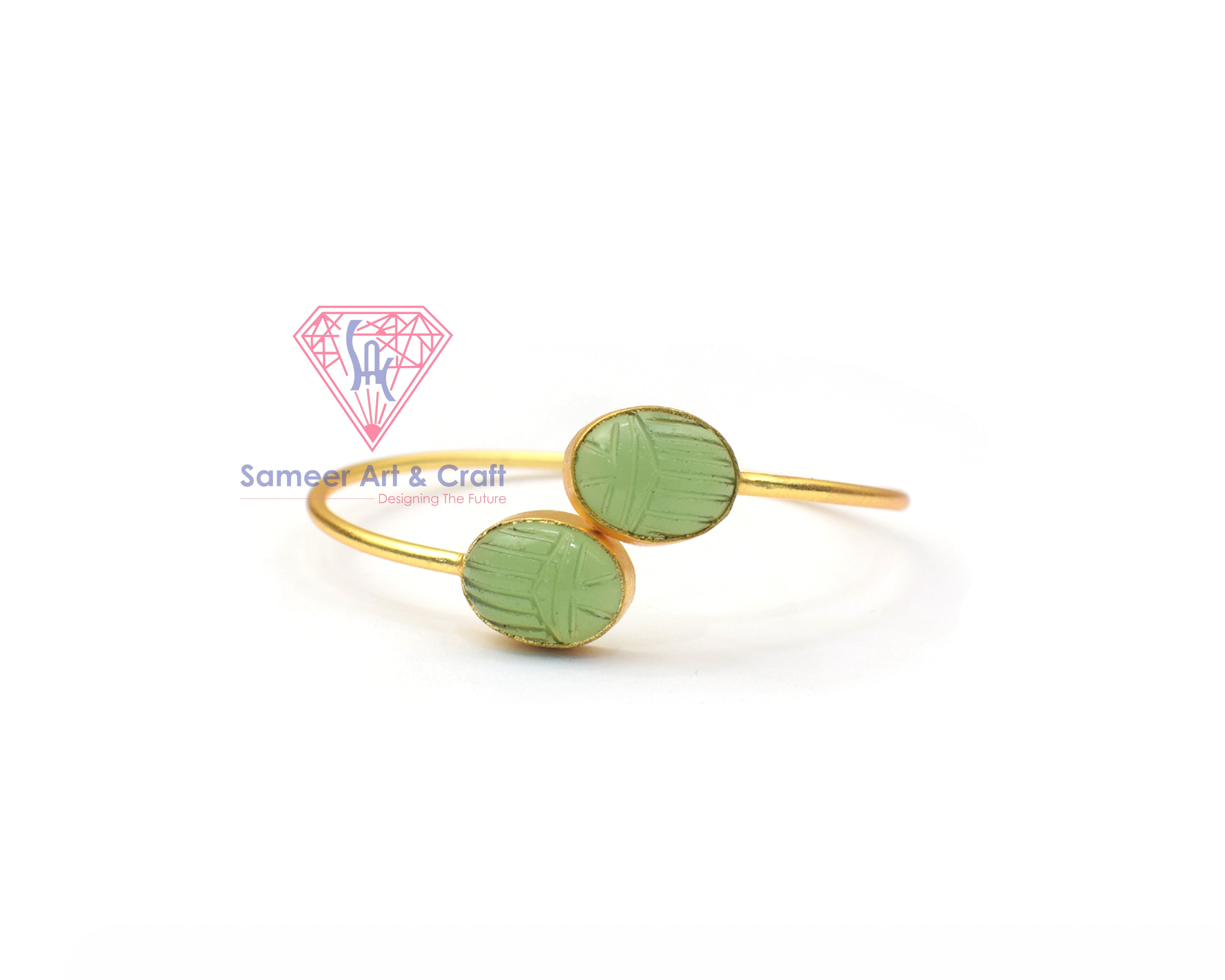 Natural Carving Gemstone With 18K Gold Plated Adjustable Handmade Bangles