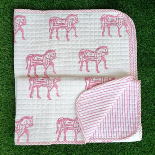 Baby Hand Block Printed Quilt - 100% Cotton, Cozy Cotton Filling | Elegant Nursery Pattern, Machine Washable Design