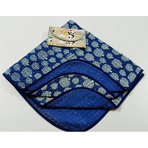 Baby Hand Block Kantha Quilt - 100% Cotton, 36x50 Inches | Soft Cotton Filling, Unique Blue Printed Design, Intricate Stitching Technique, Ideal for Newborns