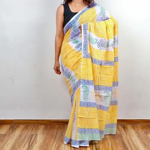 Pure Cotton Hand Block Printed Saree - Color: Multicolor
