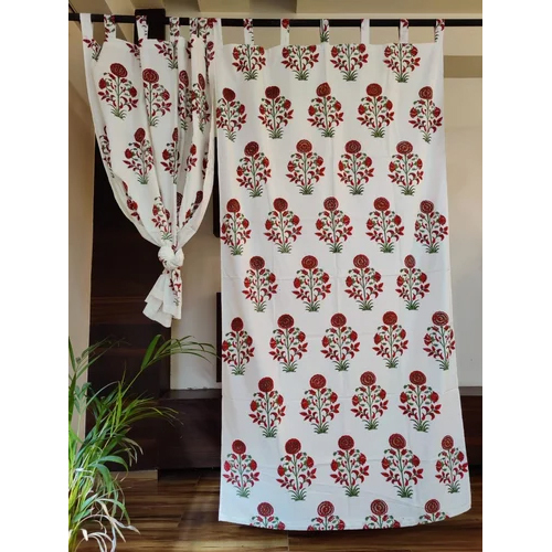 Hand Block Print Cotton Flower Curtain - Color: White