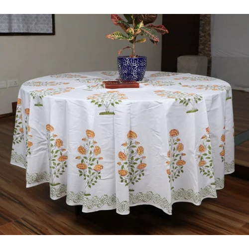 Hand Block Printed Round Table Cover - Cotton, 84 Inches Diameter, Pure White Color - Elegant, Intricate Design for Home Decor