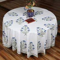 84 Inch Hand Block Printed Round Table Cover - Color: White