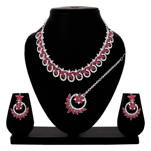 Colorstone Necklace Set - Alloy, 21.5x1 cm Necklace, 4.5x3 cm Earrings, 11.5x3 cm Maangtikka | Elegant Pink Design, Silver Plated for Women, Adjustable Size