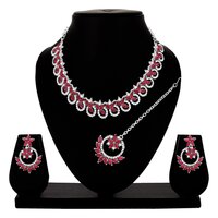 Colorstone Necklace Set - Alloy, 21.5x1 Cm Necklace, 4.5x3 Cm Earrings, 11.5x3 Cm Maangtikka | Elegant Pink Design, Silver Plated For Women, Adjustable Size